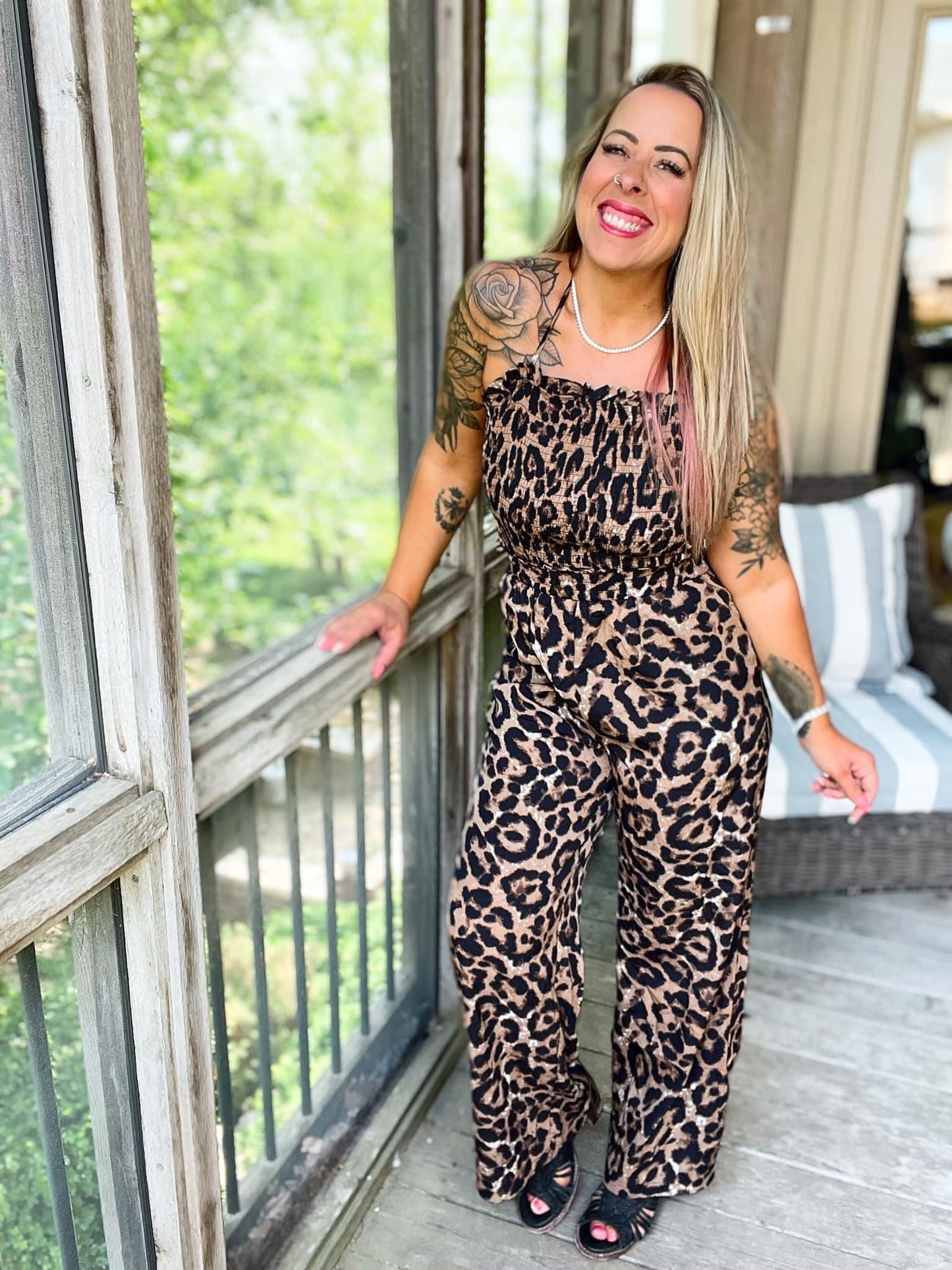 Leopard Smocked Halter Neck Jumpsuit