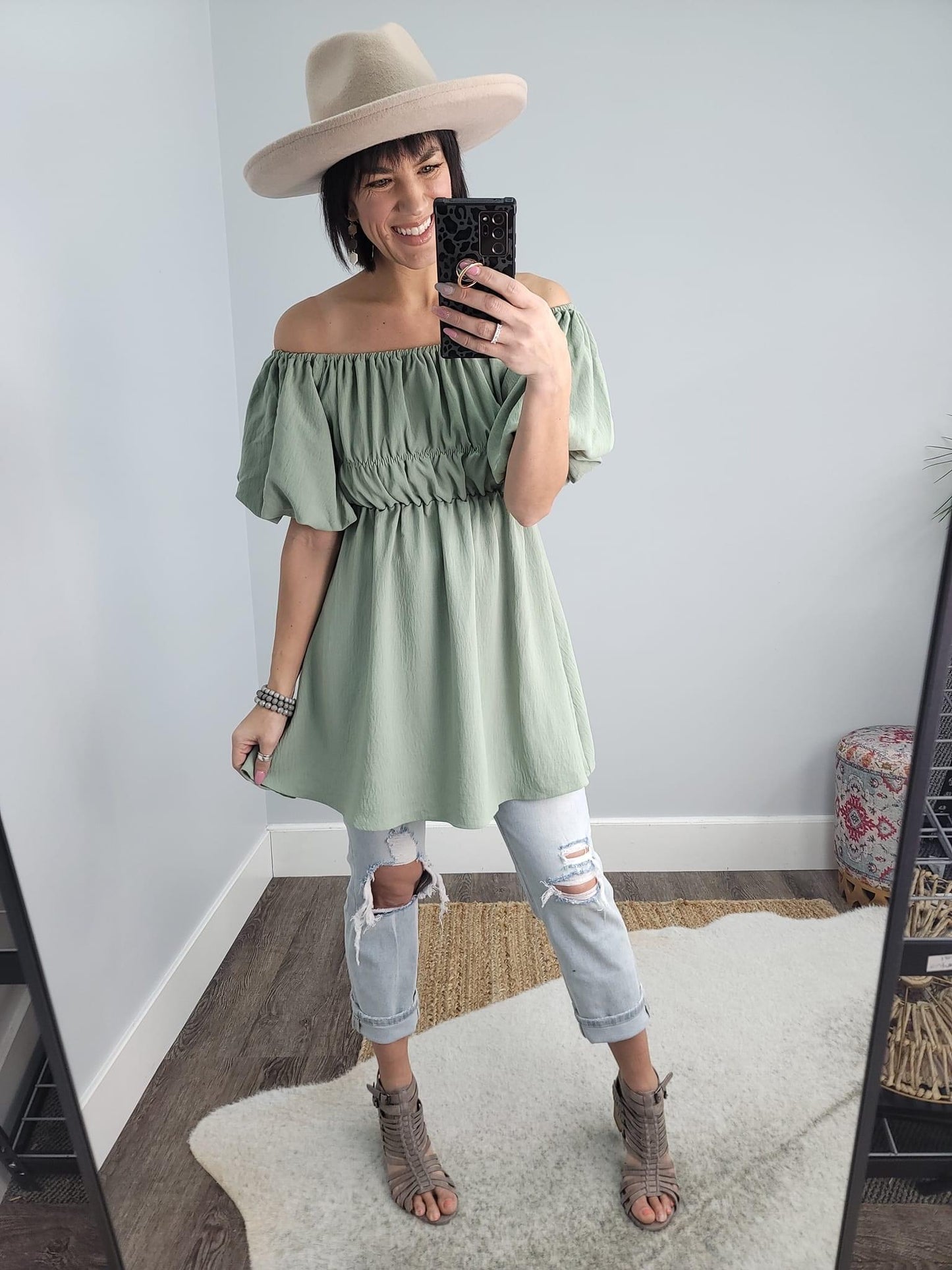 Off-Shoulder Balloon Sleeve Mini Dress