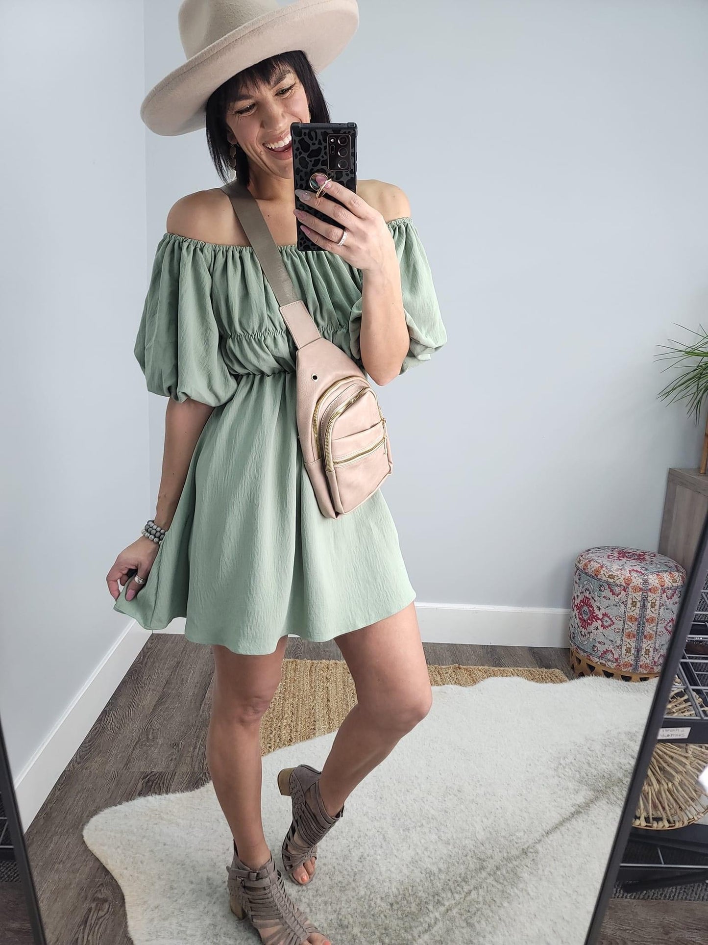 Off-Shoulder Balloon Sleeve Mini Dress