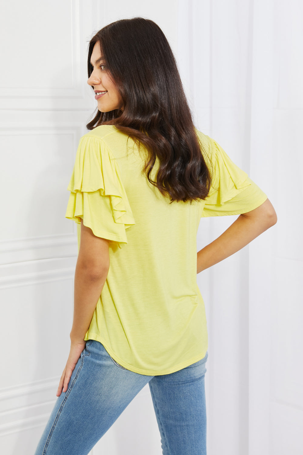 Culture Code Mi Amor Full Size Round Neck Ruffle sleeve length Top in Yellow