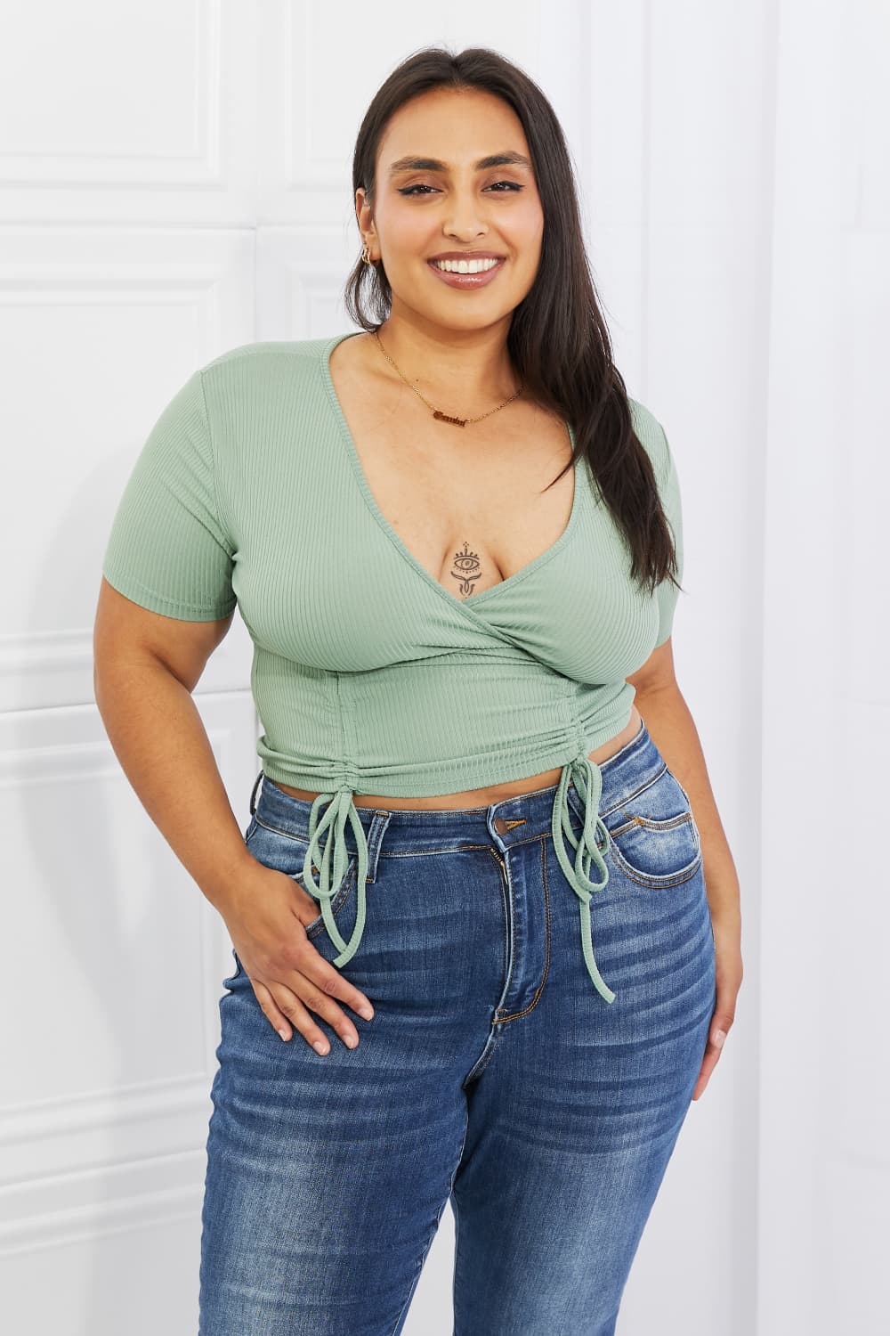 Capella Back To Simple Full Size Ribbed Front Scrunched Top in Green