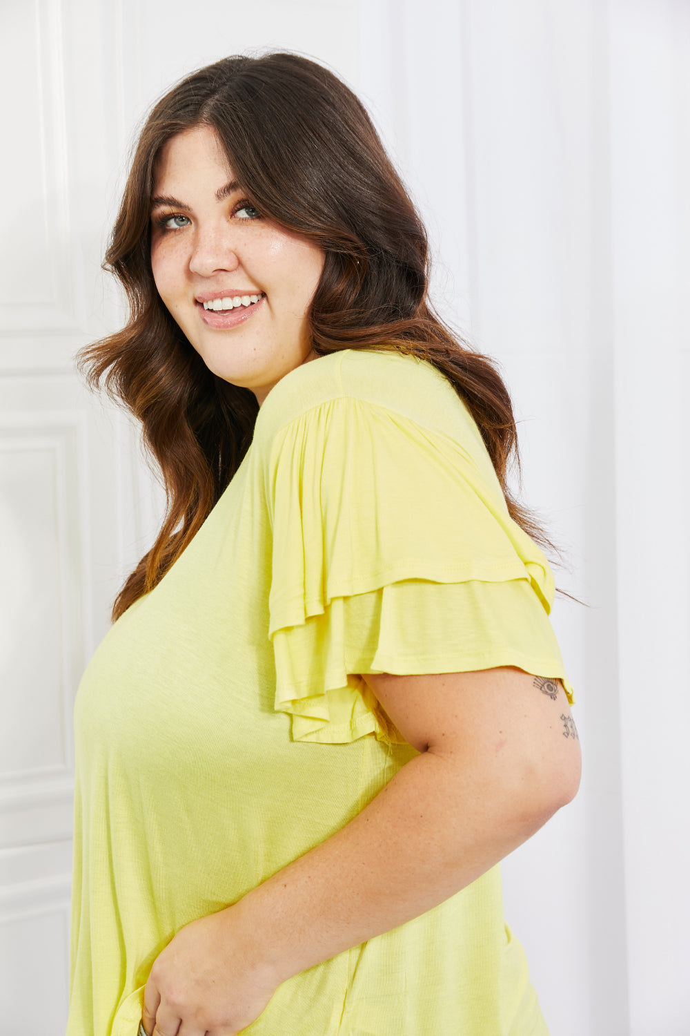 Culture Code Mi Amor Full Size Round Neck Ruffle sleeve length Top in Yellow