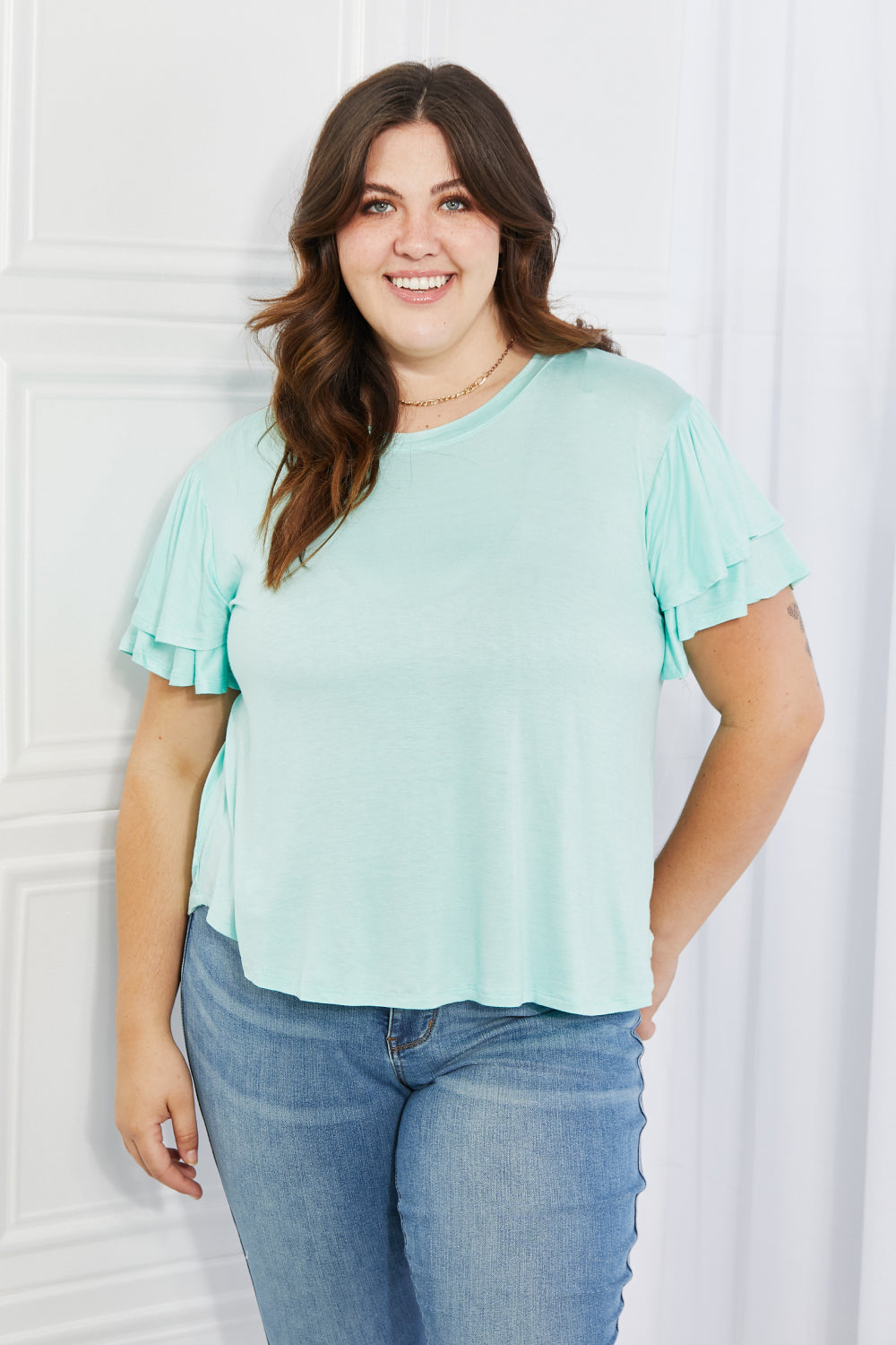 Culture Code Mi Amor Full Size Round Neck Ruffle sleeve length Top in Blue