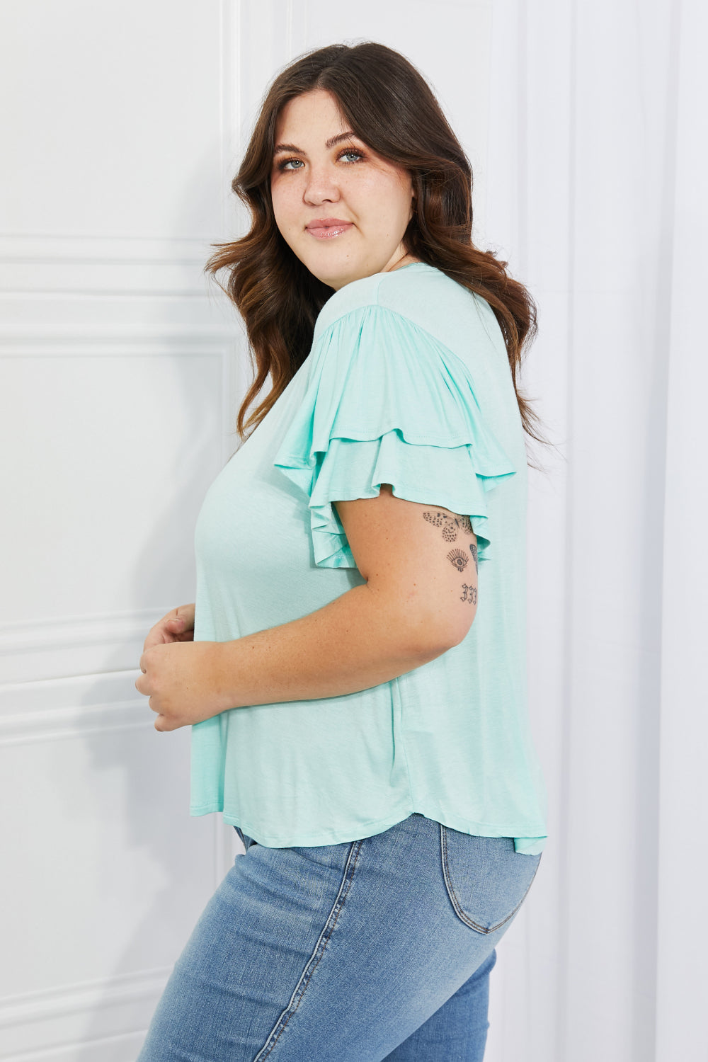 Culture Code Mi Amor Full Size Round Neck Ruffle sleeve length Top in Blue