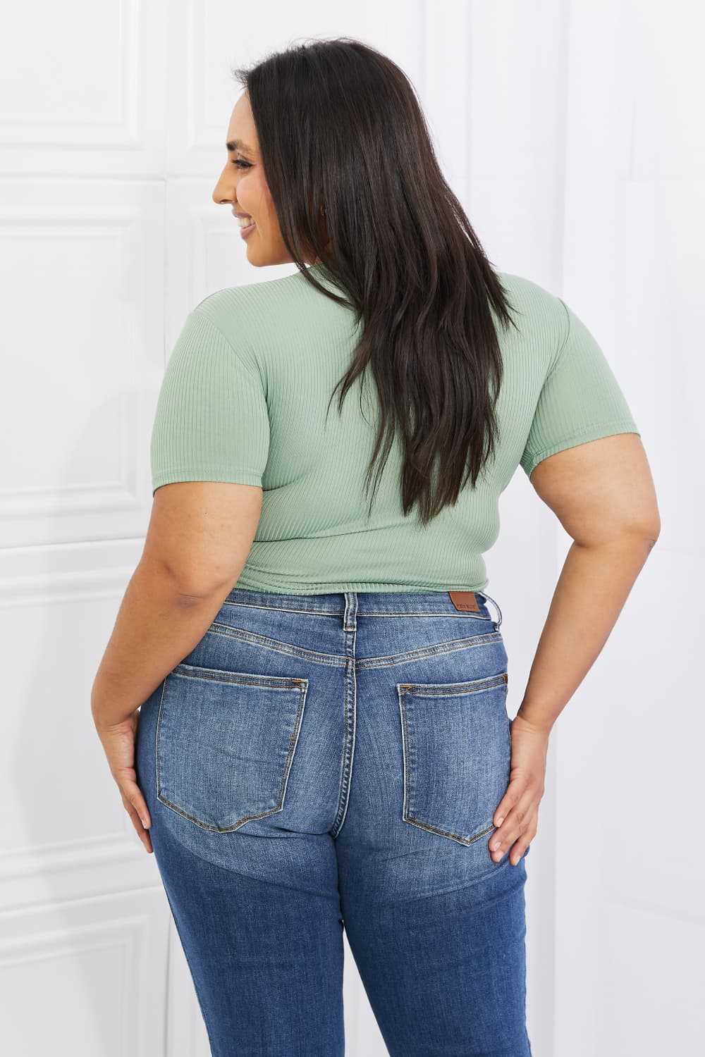 Capella Back To Simple Full Size Ribbed Front Scrunched Top in Green