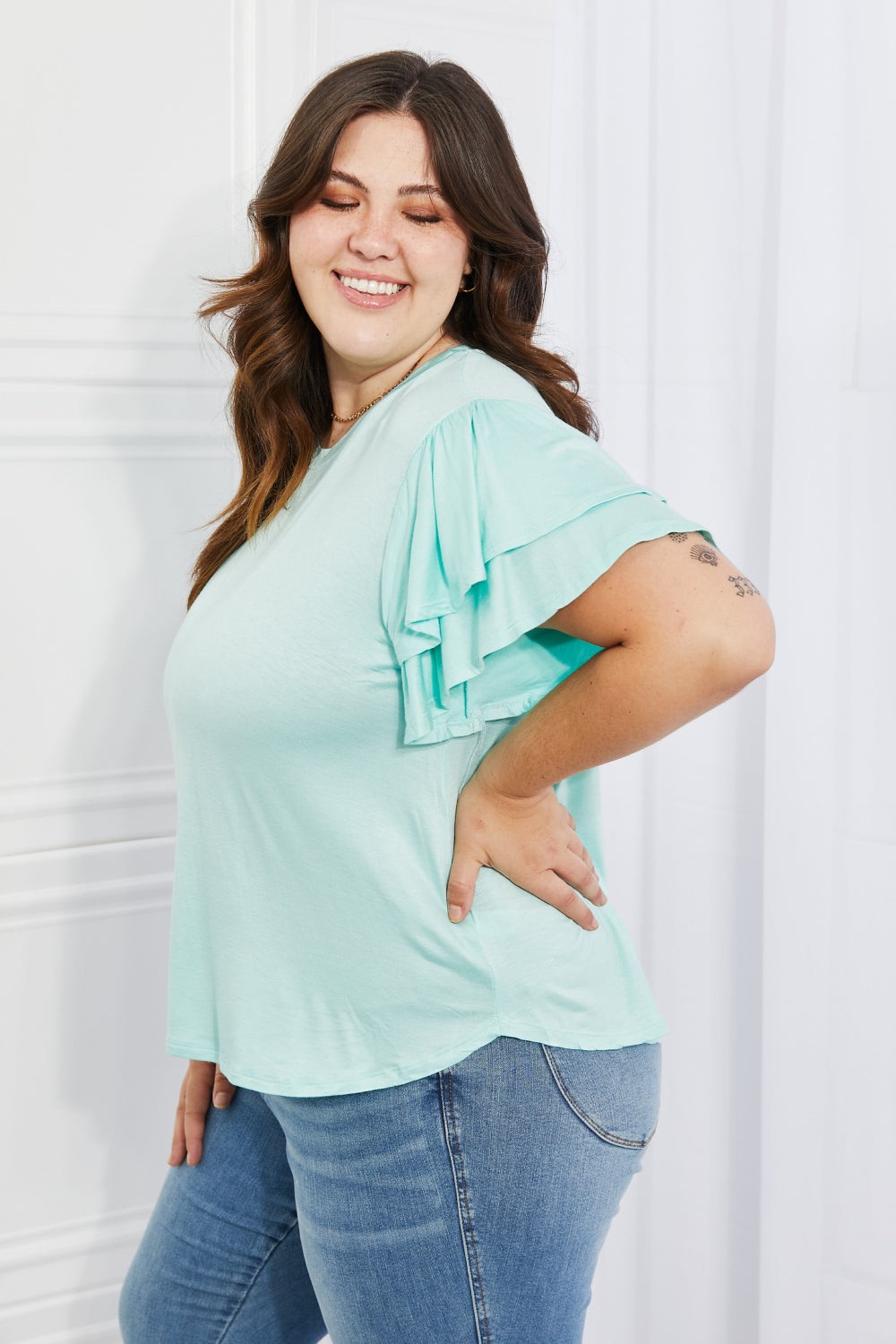 Culture Code Mi Amor Full Size Round Neck Ruffle sleeve length Top in Blue