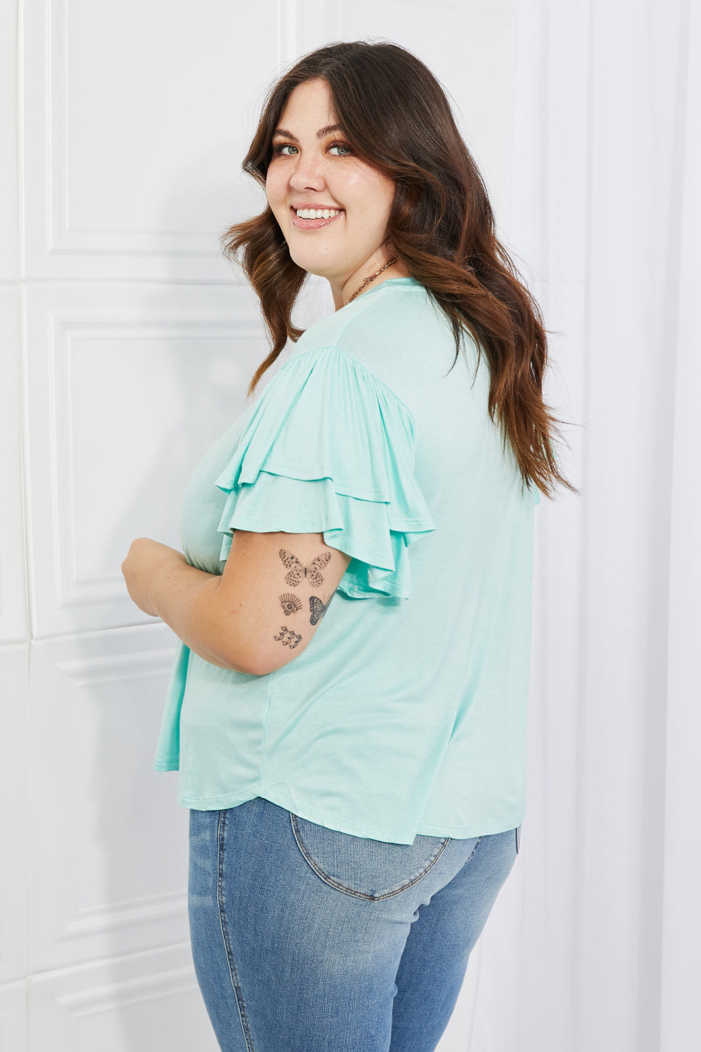 Culture Code Mi Amor Full Size Round Neck Ruffle sleeve length Top in Blue