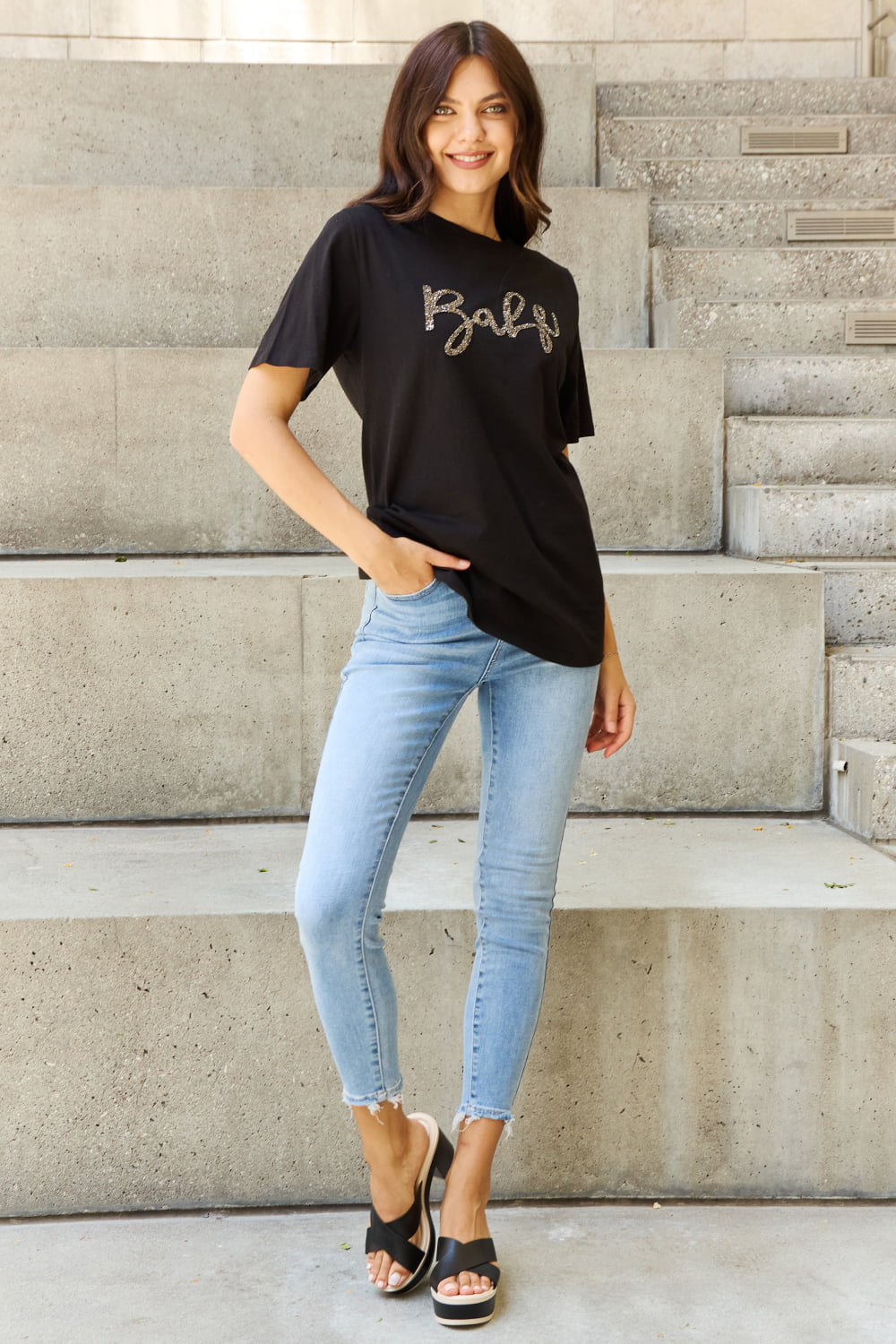 Davi & Dani "Babe" Full Size Gliter Lettering Printed T-Shirt in Black