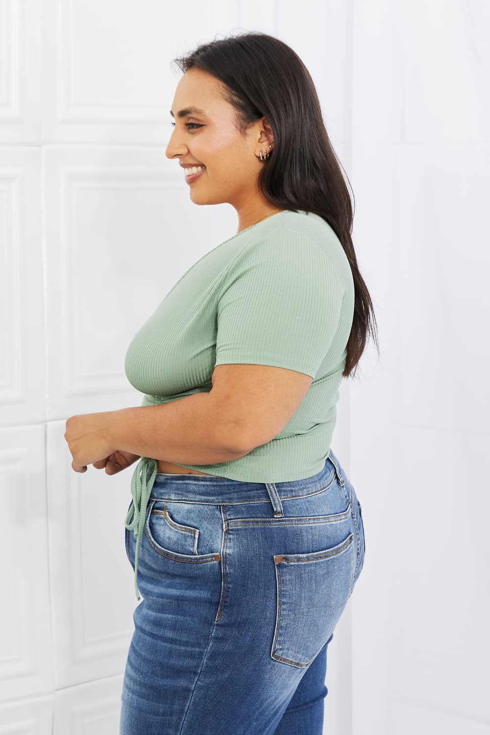 Capella Back To Simple Full Size Ribbed Front Scrunched Top in Green